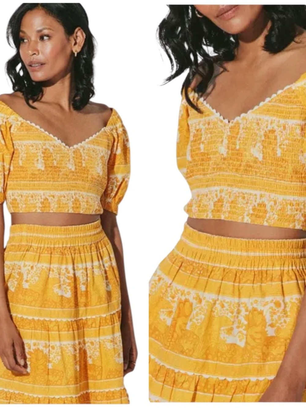 Cleobella Yellow White Everly Puff Sleeve Smocked Crop Top XS